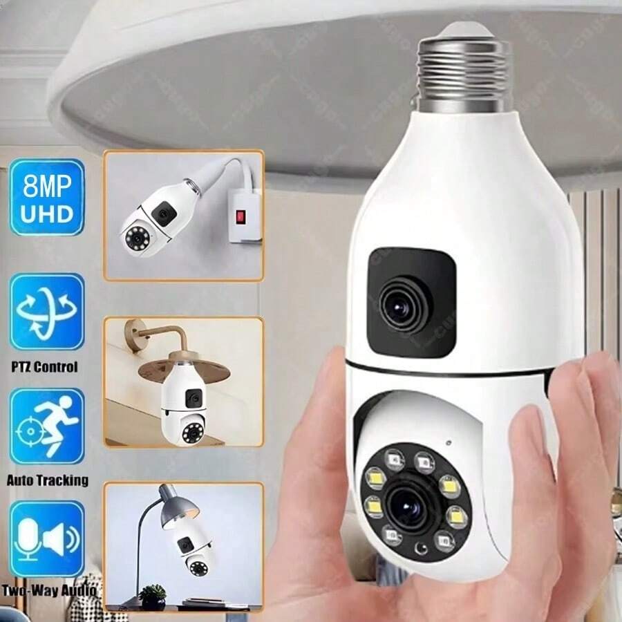 2NLF® 8MP HD Cámara de segurida d con bombilla E27, visión nocturna, 2 pantallas, 2 lentes, detección de movimiento en interiores, zoom de 8x, conexión WiFi, Vigilancia de bebés - Blanco - Ver 1