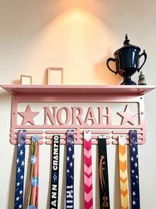 1pc Customized Metal Pink Medal & Trophy Display Rack - Personalized Star Design With Name Logo, Easy Install Home Wall Decor, 12 Hooks & Medal Holder For Personal Honor Medals - Father's Day, Independence Day, Thanksgiving Gift - Pink - View 5