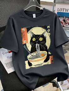 Camiseta de Manga Curta com Estampa de Gato de Desenho Animado e Ramen para Adolescentes, Top Oversized de Verão com Gola Redonda para Adolescentes - Chumbo - Visão 2