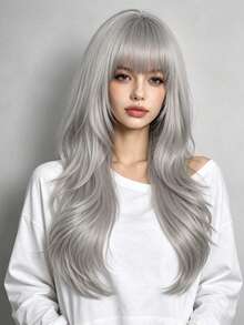 28 Inch Long Fashionable Party Women's Wig, Curly Wig With Bangs, Suitable For All Women's Daily Wear And Party Occasions - Grey - View 4