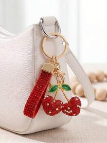 Full Diamond Cherry Keychain, Rhinestone Lanyard Design, Girly Pearl Heart Pendant, Versatile Bag & Car Key Chain, Delicate Gift For Women - Multicolor - View 12