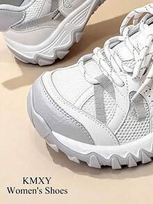 1 Pair Women Beige Mesh Lace Up Casual Sports Sneakers, Spring Summer Daily Footwear - Beige - View 4