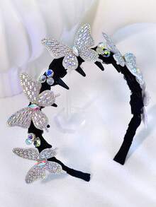 1pc Fashionable Iridescent Crystal Butterfly Headband, Sparkling Rhinestone Non-Slip 3D Hair Accessory For Women, Holiday Celebration - Black - View 3