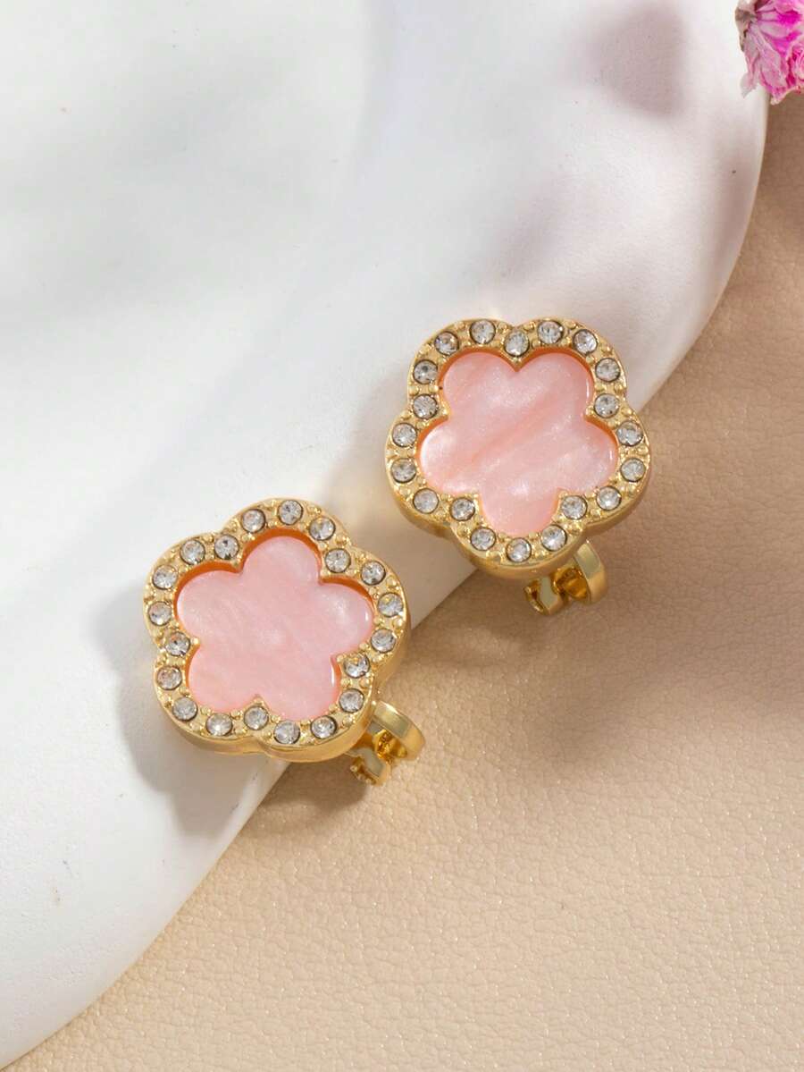 1 Pair New Lucky Five-Leaf Clover & Five-Petal Flower Ear Clips, Micro-Inlaid Rhinestone Design, Premium Look, Women's Non-Pierced Earrings - Pink - View 1