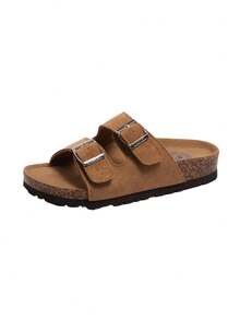 CAMEL CROWN Women's Double Buckle Cork Sole Sandals, Adjustable Slip-On Slides, Open Toe Comfortable Sandals, Lightweight Casual Summer Beach Slippers - Brown - View 2