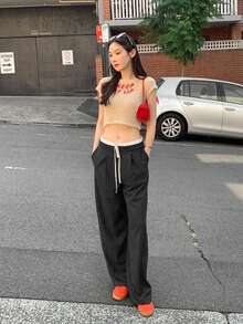 Spring/Autumn Vintage Niche Patchwork High Waist Tie-Up Versatile Slimming Striped Casual Wide Leg Long Pants - Dark Grey - View 6