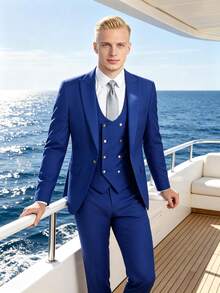 Royal Blue Suits For Men Peak Lapel 3-Piece Suit Set Slim Fit Tuxedo Suit Blazer Vest Pants For Wedding Guest Groom Prom Formal Gala - 寶藍色 - 查看 1