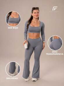 Plain Zero-Transparency Polyamide Flare Long Sleeve Fitness Gym Set - Grey - View 12