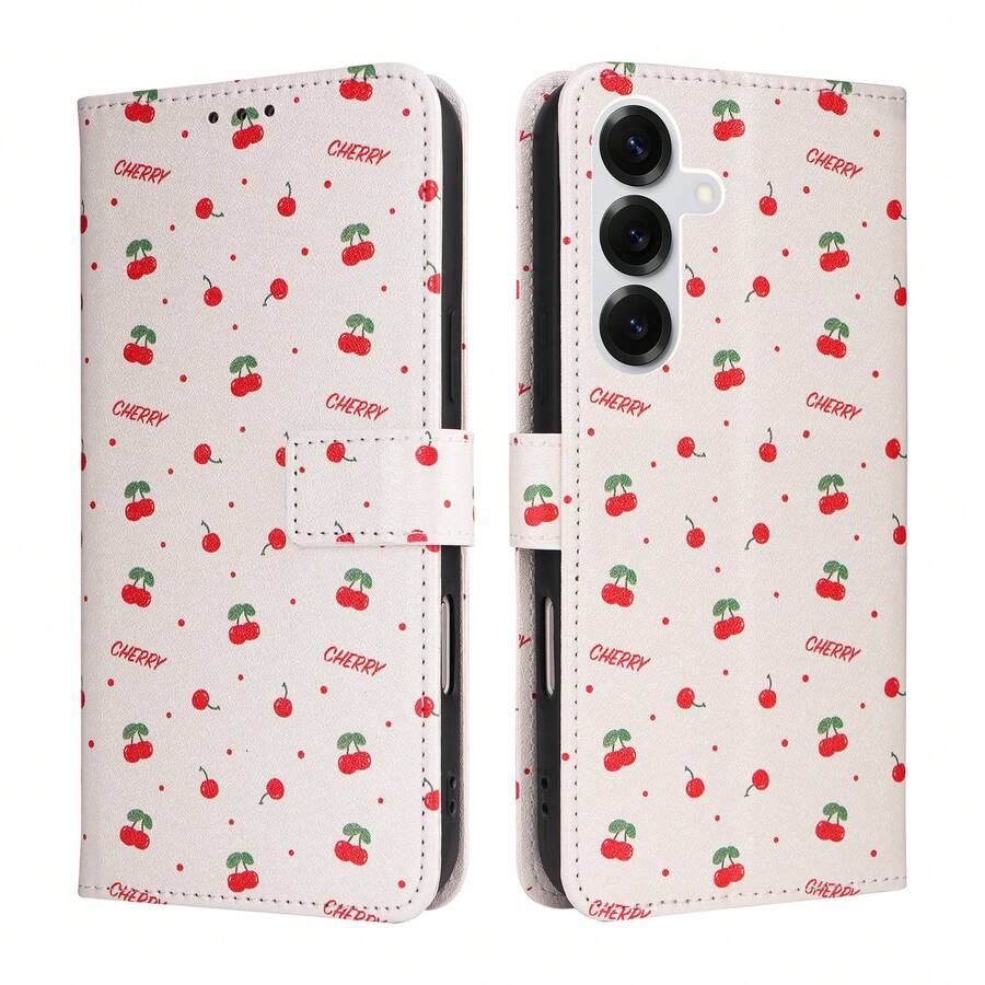 1pc Cherry Pattern Flip Phone Case Wallet Card Slot Protective Cover, Faux Leather, Compatible With Apple, Painted Phone Protective Shell (Global Version Models, Not Local Models)