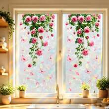 Vintage Pink Rose Butterfly Window Privacy Film, Rainbow Effect Non-Adhesive Glass Decorative Sticker, Static Cling Vinyl Cover Film, Suitable For Bathroom Kitchen Home Apartment - Pink Rose Glass Sticker - View 3