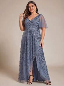 EVERPRETTY Plus Size Elegant Women's Long Evening Dress, Short Sleeve Design, Autumn Wedding Guest Evening Gown Fall - Dusty Blue - View 2
