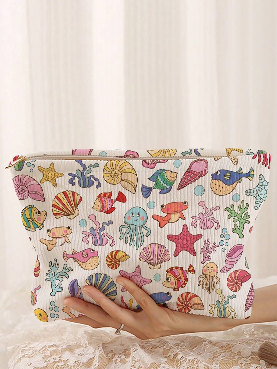 1pc Portable Cosmetic Storage Bag With Ocean Elements Shell And Starfish Pattern, Double-Sided Print Travel Zipper Makeup Bag, Multi-Function Toiletries Organizer - Multicolor - View 1