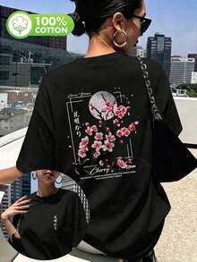 大尺碼女款水洗棉短袖T恤，花卉圖案，雙面印花，復古寬鬆版型，Y2K街頭風，休閒黑色夏季款 - 黑色 - 查看 9