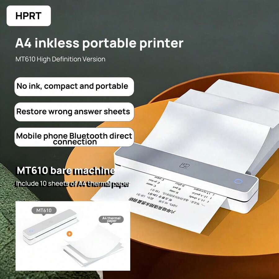 HPRT MT610 Portable Wireless Printer, Mini Bluetooth Thermal Printer, Compact A4 Paper Printer, Compatible With IOS, Android, And Laptop, Inkless Black And White, Ideal For Students, Home, And Office - Off-white - View 1