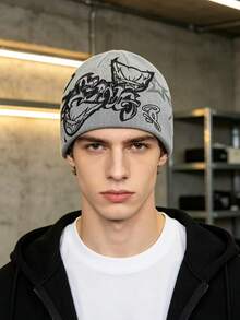 1pc Or 2pcs Gothic Style Men's Embroidered Scarf & Knit Hat, Fashion Street Ski Hat, Warm And Versatile, Suitable For Cold Weather, Loose Fit - Multicolor - View 5