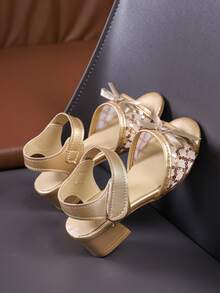 1 Pair Gold Mesh Sequin Chunky Heel Sandals, Suitable For European And American Young Girls, Elegant High Heel Sandals, Perfect For Summer Daily Outings - Gold - View 4