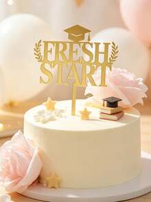 3件組奢華金色反光學術蛋糕裝飾，顯眼「Fresh Start」字體設計，飾有學士帽與雙桂冠枝，鏡面光澤，適合學校里程碑慶祝甜點擺盤佈局 - E - 查看 4
