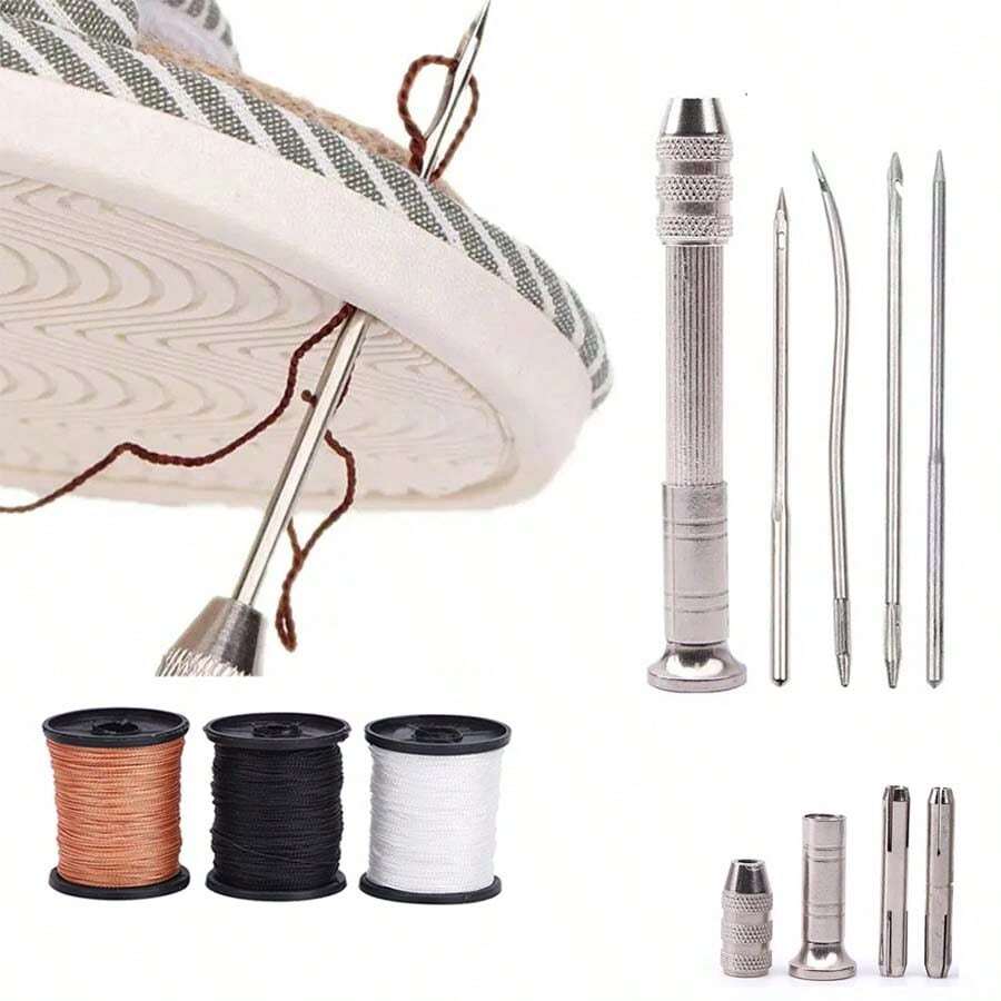 2/1 Sets Stainless Steel Shoe Repair Awl Hand Sewing Crochet Hook Tool 5-Piece Set Leather Sewing Awl Kit Replaceable Multi-Function Awl Needle Set Suitable For Leather Canvas Tent Multi-Function Awl Needle Shoe Repair Crochet Hook Shoe Sole Hook Needle Shoe Threading Binding Tool - A - View 1
