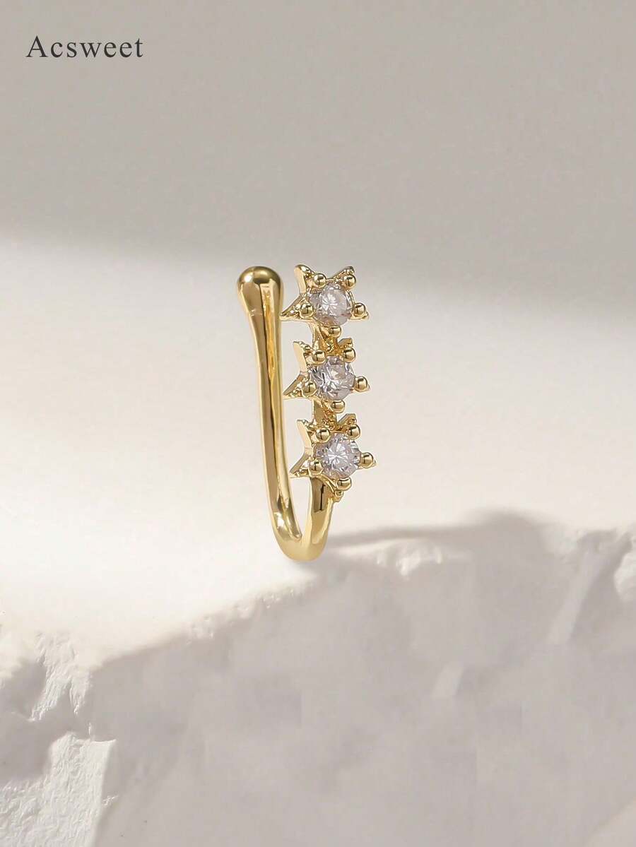 1pc Copper Material Rhinestone Decorated Silver Plated Fake Nose Ring Clip, 3 Zirconia Stones, Butterfly Style Fashion Body Jewelry, Suitable For Women - Yellow Gold - View 1