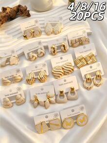 2/4/16/20 pièces Boucles d'oreilles en acier inoxydable texturé crème-blanc de luxe, bijoux pour femmes, boucles d'oreilles pour femmes, pour la mode de fête des femmes - Multicolore - Voir 5