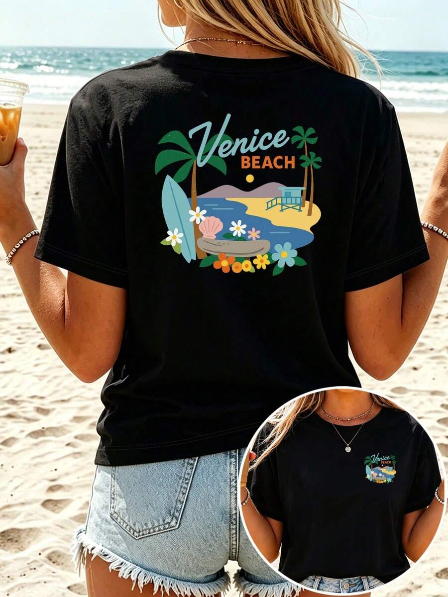 Camiseta de manga corta estilo vacaciones en la playa de California para mujer, con estampado Veni Beach Venice Beach, transpirable, informal, para verano, playa, viajes, ropa casual de vera - Negro - Ver 1