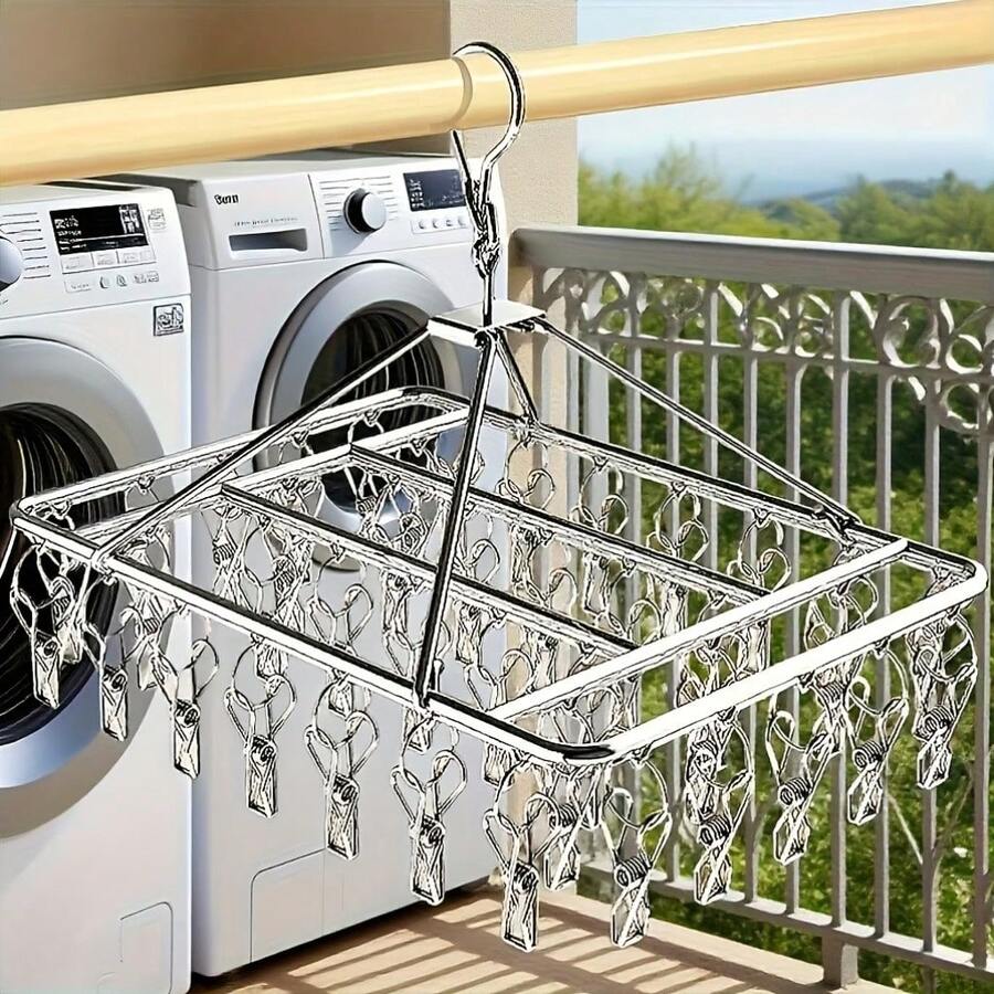 A Stainless Steel Drying Rack With 20/40 Clips - A Windproof Hanging Organizer For Socks And Underwear, Punch-Free, Hangable, Space-Saving Multi-Functional Hook - Silver - View 1