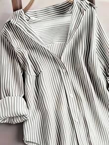 Women's Striped Color Block Button Front Shirt, Asymmetric Hem Collared Long Sleeve Top For Business, Office, Home, Vacation,Spring Summer Fall Winter - Grey - View 6