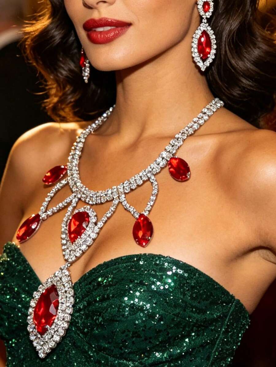 Übertriebene personalisierte Wassertropfen Halskette & Ohrringe Mode Multifunktionale Strass Braut Hochzeit Schlüsselbein Kette - Rot - Übersicht 1