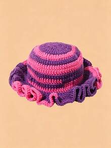 Contrast Color Knit Large Ruffle Edge Versatile Handmade Crochet Hat (Random Hat Color) - Multicolor - View 3