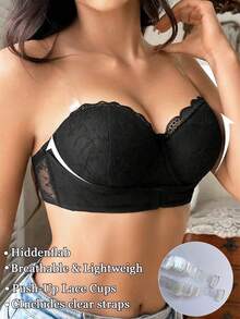 1pc Black Front Closure Lace Bandeau Bra, Push Up For Small Chest, Strapless Anti-Slip Bandage Bra With Transparent Shoulder Straps For Women - Black - View 3