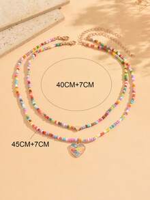Set Kalung Liontin Hati Manik-Manik Berwarna-warni Manis dan Lucu untuk Musim Panas, Perhiasan Leher Wanita Populer Cocok untuk Pemakaian Sehari-hari, Liburan, Pesta, dan Kencan, Susunan Warna Manik-Manik Acak - MultiWarna - View 4