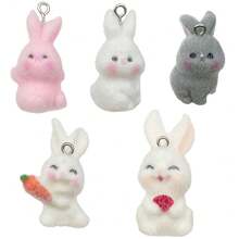 2/5pcs Flocked Resin Rabbit Charms 3D Bunny Pendants With Metal Loops For DIY Bracelet Necklace Keychain Jewelry Making Supplies - Multicolor - View 9
