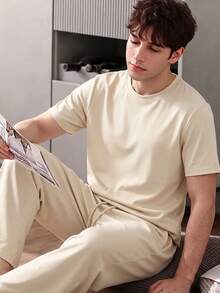 Men's Summer Crew Neck Casual T-Shirt And Casual Long Pants Loungewear Set - Apricot - View 3