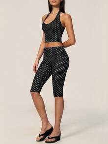 TimeOff Women's One Set Polka Dot Halter V-Neck Backless Tank Top & Bermuda Shorts Sports Set - Black - View 6
