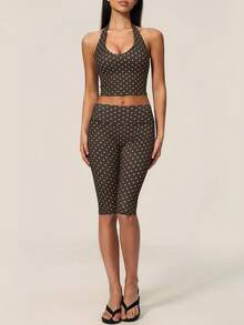TimeOff Women's One Set Polka Dot Halter Neck V-Neck Backless Tank Top And Bermuda Shorts Sports Set - Brown - View 5