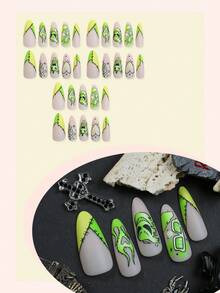 10pcs Y2K-Style Acrylic Press-On Nails Featuring Green Graffiti, Stitched Details, And Devil-Heart Motifs; Long Almond-Shaped Tips Suitable For Halloween Parties And Music Festival Performances. - Multicolor - View 3