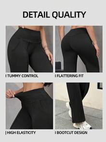 2pcs/Pack Women's Pocket Wide Leg Pants, High Waist Tummy Control Slimming, Fashionable Sporty Casual Street Style Long Pants Sports - Multicolor - View 7