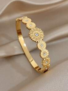 Elegant Minimalist Daisy Zirconia Bangle Bracelet Set For Women Golden Bangle Bracelet For Party Birthday Back-To-School Season Christmas Jewelry Gifts - Multicolor - View 12