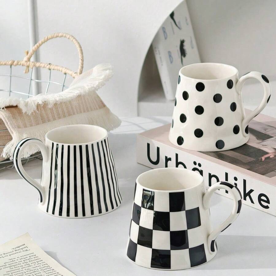 Aesthetic Asymmetrical Black White Plaid Mug, Large Capacity Polka Dot Striped Ceramic Coffee Cup, Minimalist Office Desktop Milk Tea Tumbler - Multicolor - View 1