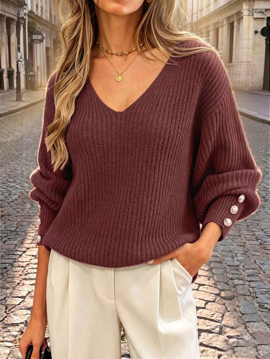 Suéter de punto holgado con cuello en V y botones para mujer, jersey informal y versátil de punto acanalado y ligero