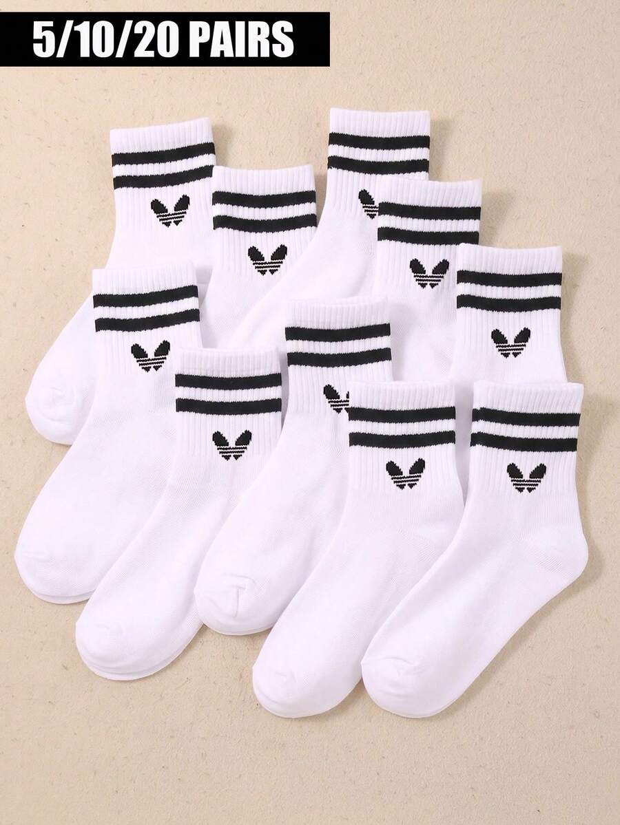 5/10/20 Pairs Random Style Mid-Calf Socks, Double Stripe Sporty Design ...