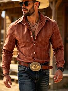 WAIT HIM Men's Striped Single-Breasted Casual Long Sleeve Shirt - Redwood - View 6