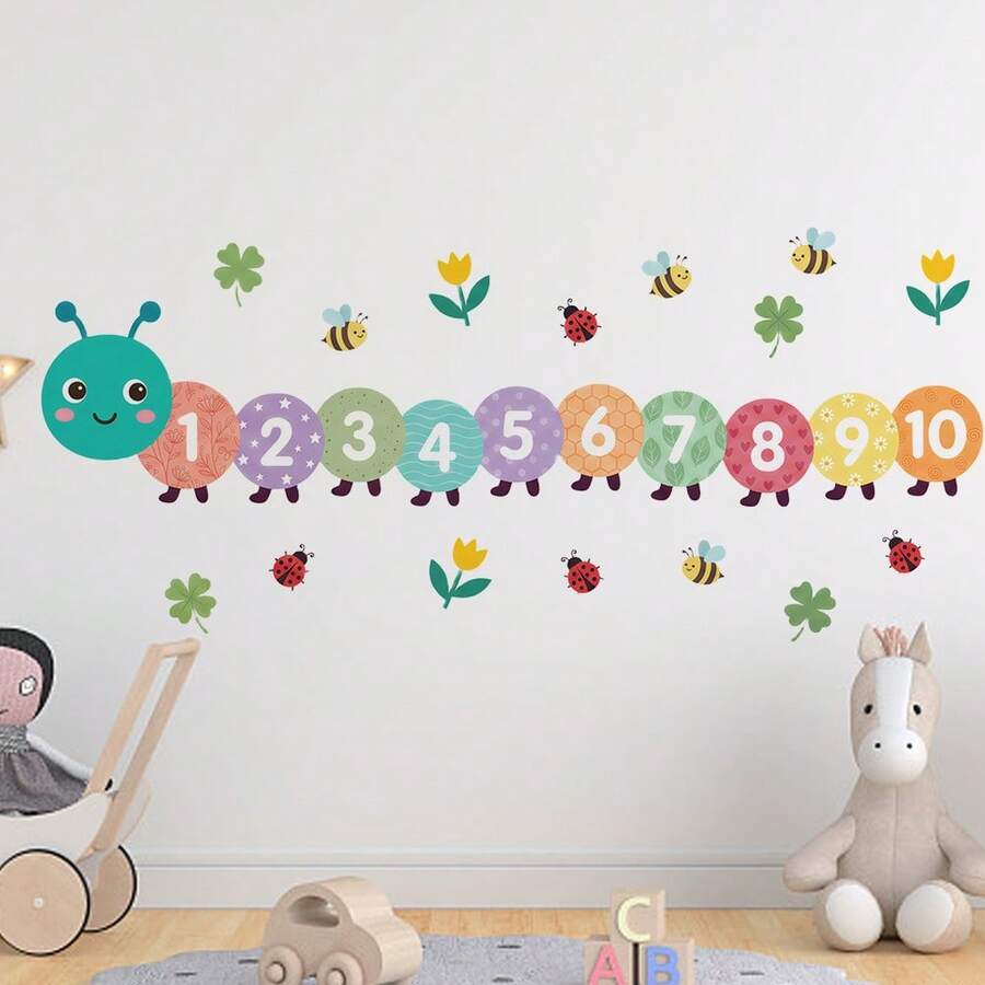 1件 1-10數字毛毛蟲牆貼，室內牆面啟蒙裝飾自黏紙 - 多色 - 查看 1