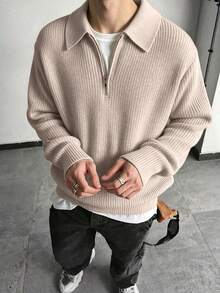 男士及青少年男孩纯色克莱因蓝简约休闲百搭通勤毛衣，秋冬季款 - 米色 - 查看 7