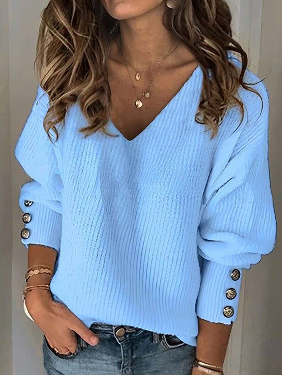Women's All-Match Loose V-Neck Button Sweater, Casual Versatile Lightweight Ribbed Knit Pullover, Blue, Suitable For 15-25°C Weather