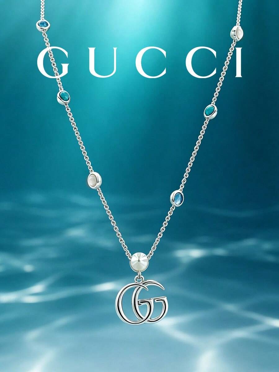 Gucci Double G Pendant Necklace YBB527399001 Vintage Distressed Silver Metal, Inlaid With Mother Of Pearl And Faux Turquoise Colorful Stones; Adjustable Chain Length, Gentle Luxury, Versatile For Daily Commute - Silver - View 1