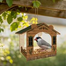 1pc Rustic Wooden Bird Feeder With Pine Wood Carved Texture And Stone Base, Hanging Balcony Garden Decor, Outdoor Bird Feeder For Garden And Yard To Attract Birds - D - View 7