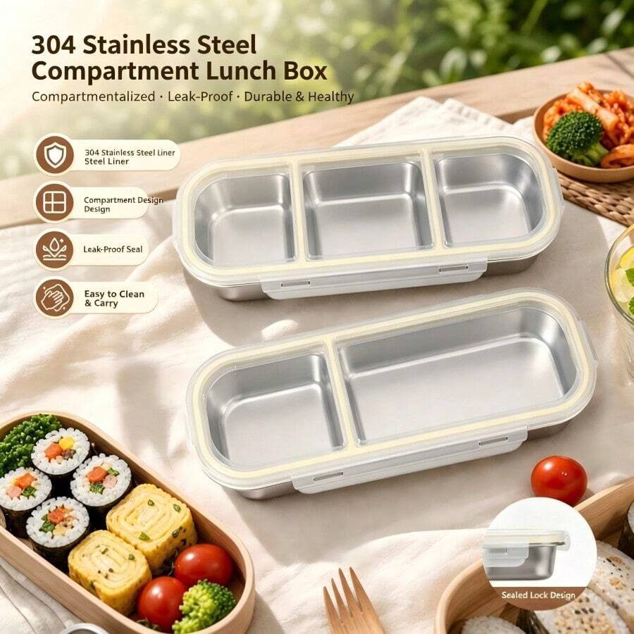 One High-Quality 304 Stainless Steel Leak-Proof 2/3-Compartment Lunch Box, Durable And Easy To Clean, Suitable For School, Office And Travel, Reusable Meal Preparation Box. - Silver - View 1
