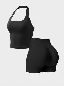 2pcs Tank Top & Shorts Set, Waist Shaping & Butt Lifting, Suitable For Yoga, Outdoor, Gym - Black - View 3