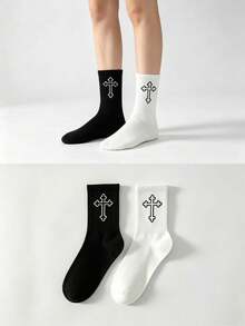 Calcetines largos hasta la pantorrilla estilo americano vintage con cruz, unisex, negro & blanco, versátiles para calle y deportes - Multicolor - Ver 1